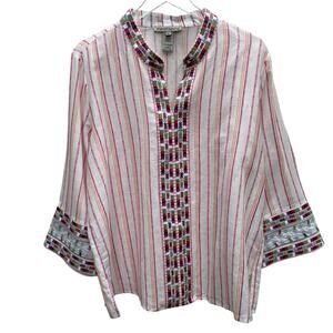 Sharon Young Linen Blend Stripe Top,With Embroidered Embellishment Size XL NWT